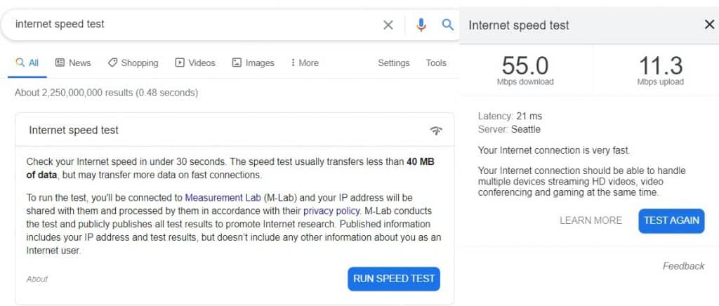 google speed test screen shot