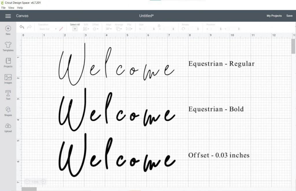 thicken a font with bold and offset of 0.03 inches in cricut design space